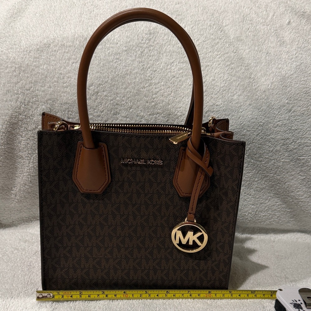 Michael Kors Brown Monogram Satchel with Gold Charm
